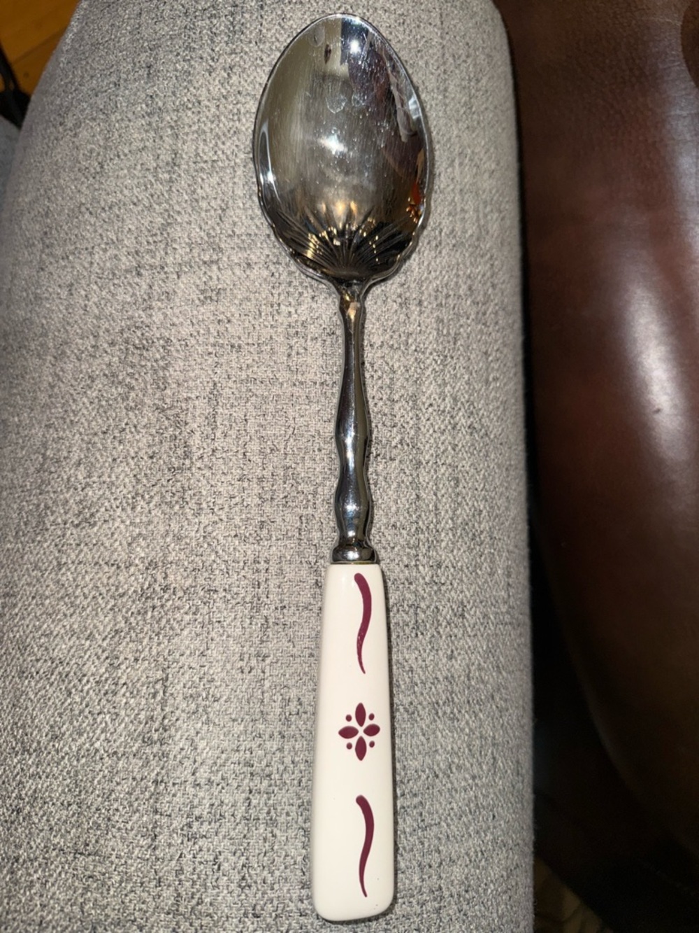 Longaberger Cream Ceramic Handle Serving Spoon with Burgundy Motif